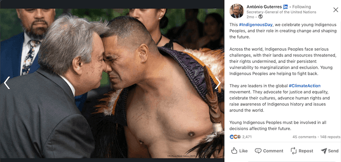 António Guterres' LinkedIn post on 2023 Indigenous Day.