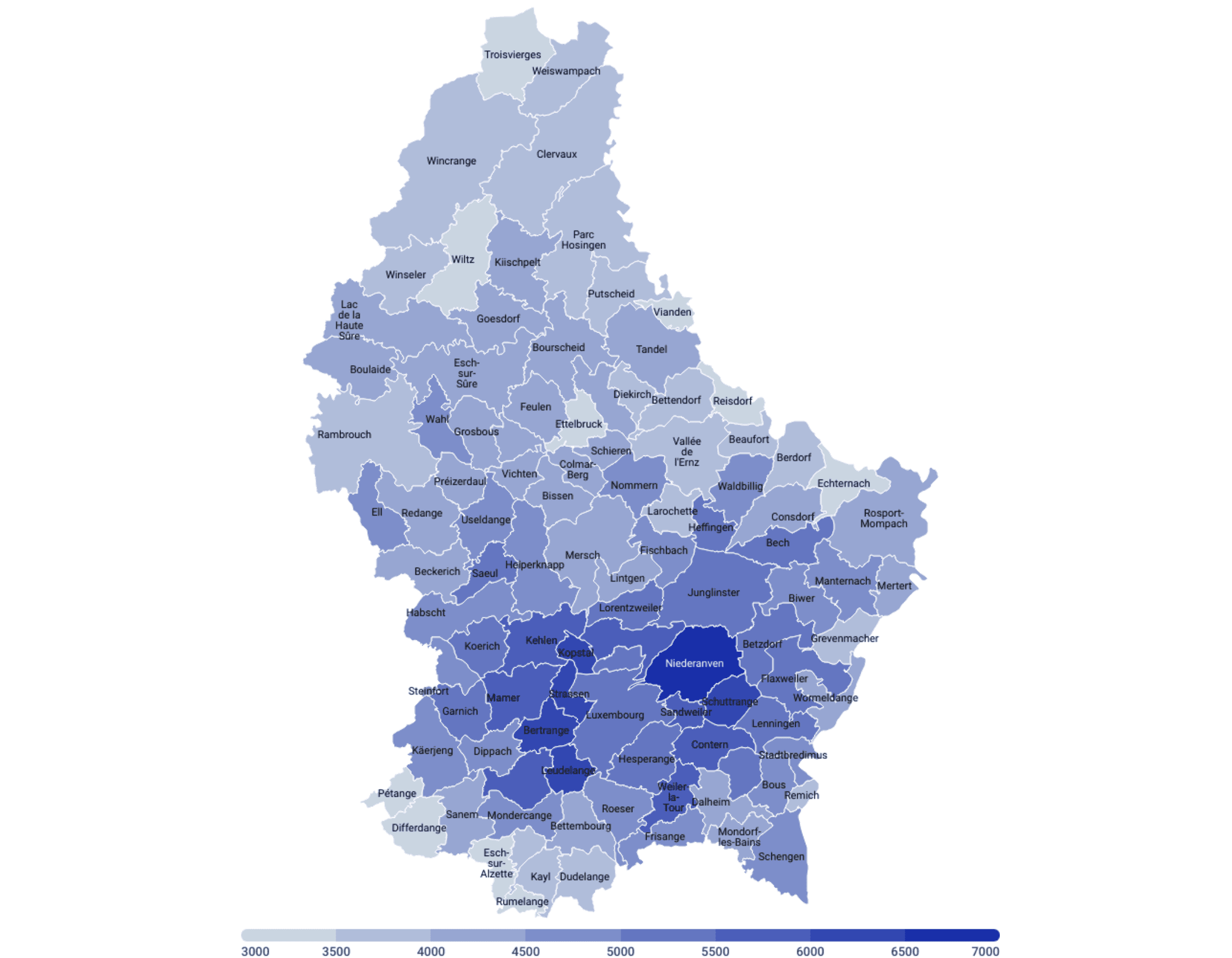 Median income by municipality in 2022, Luxembourg, by STATEC.